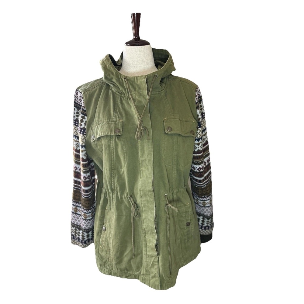 Natural Reflection Green Canvas Faire Isle Sleeve Utility Jacket Hooded Gorpcore